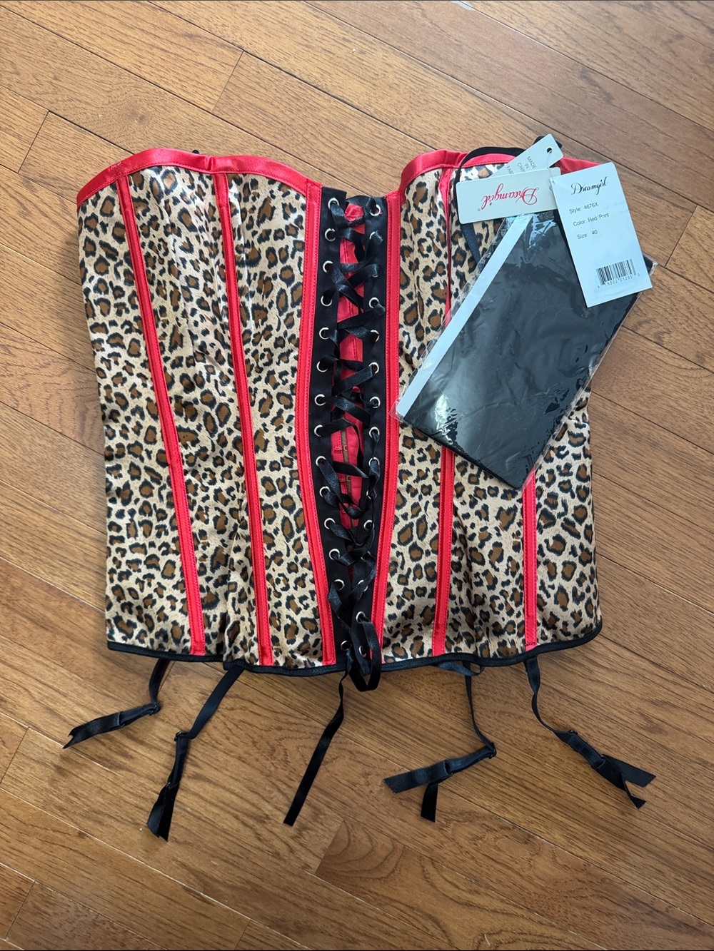 Dreamgirl Leopard Print Corset with Red Trim and Black Lace-Up